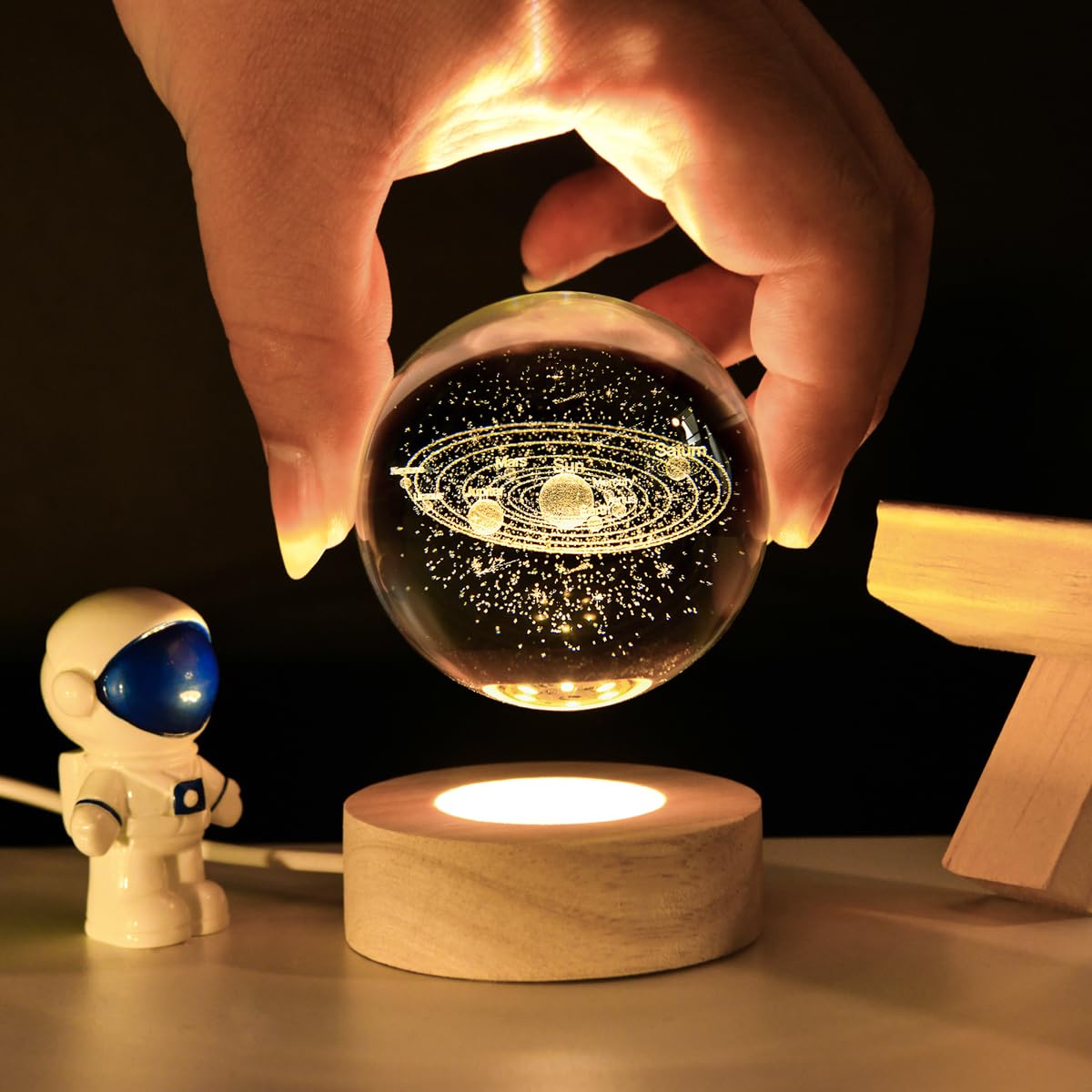 QIANCHANG Solar System 3D Crystal Ball with LED Stand, 60mm Galaxy Model Decor Glass Sphere Lamp Night Light, Space Universe Astronomy Gifts for Women Men Mom Kids