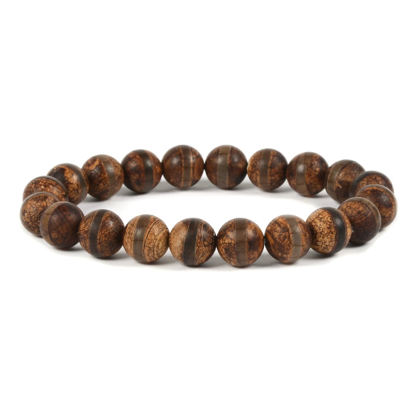 Justinstones Matte Green Brown Tibetan Agate Dzi Stripe Gemstone 10mm Round Beads Stretch Bracelet 7 Inch Unisex