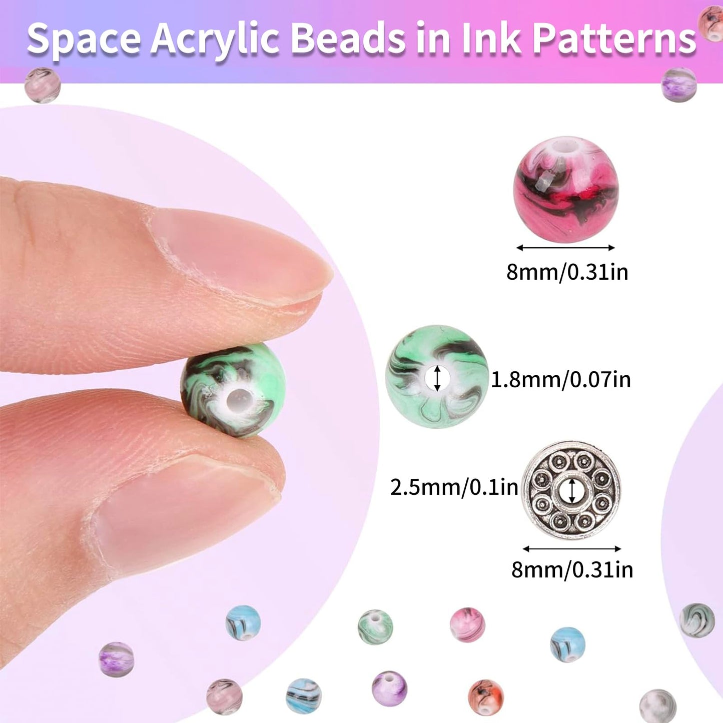 500pcs Craft Beads for Jewelry Making, for Bracelets Making, Space Acrylic Beads in Ink Patterns with 50pcs Spacer Beads and Crystal String (8mm)