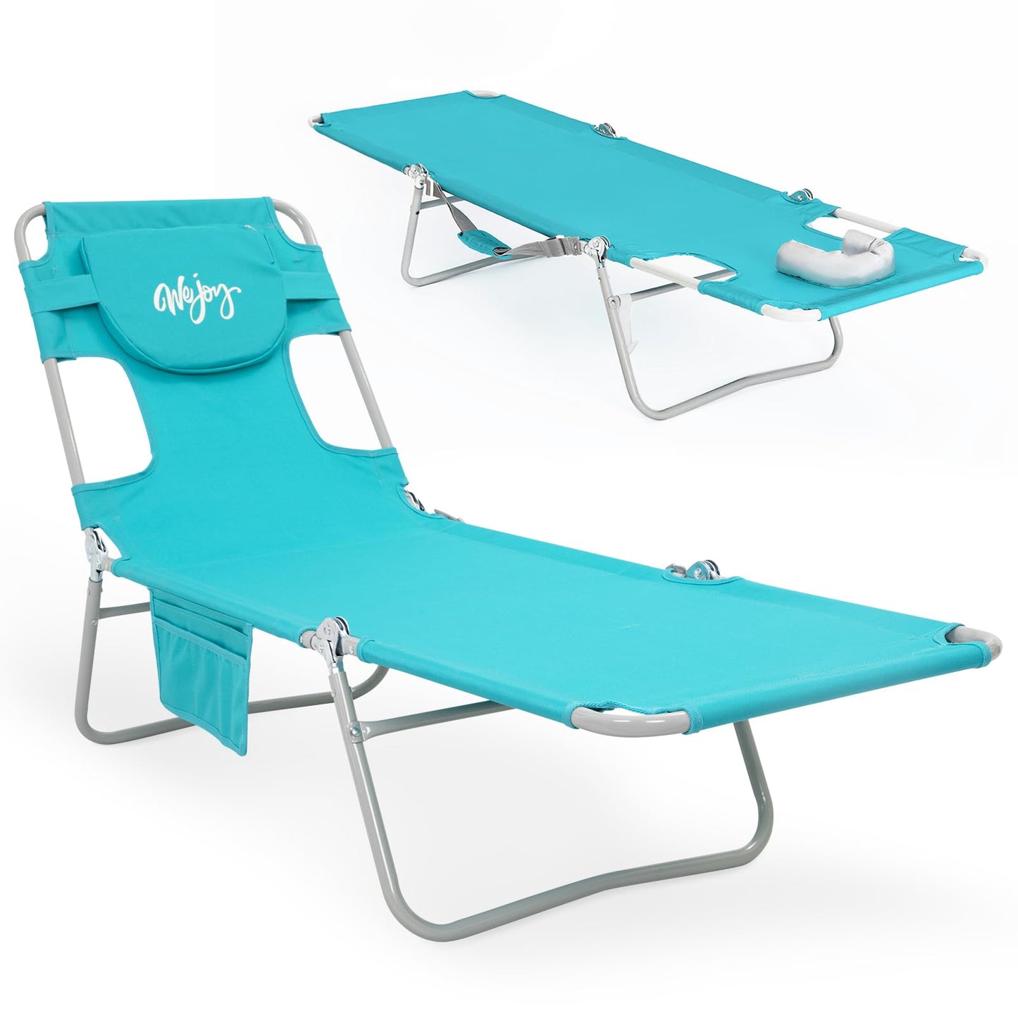 #WEJOY Folding Tanning Chair with Face Hole, 5 Positions Face Down Beach Lounge Chairs with Pillow for Outside Sunbathing Poolside (Cyan)