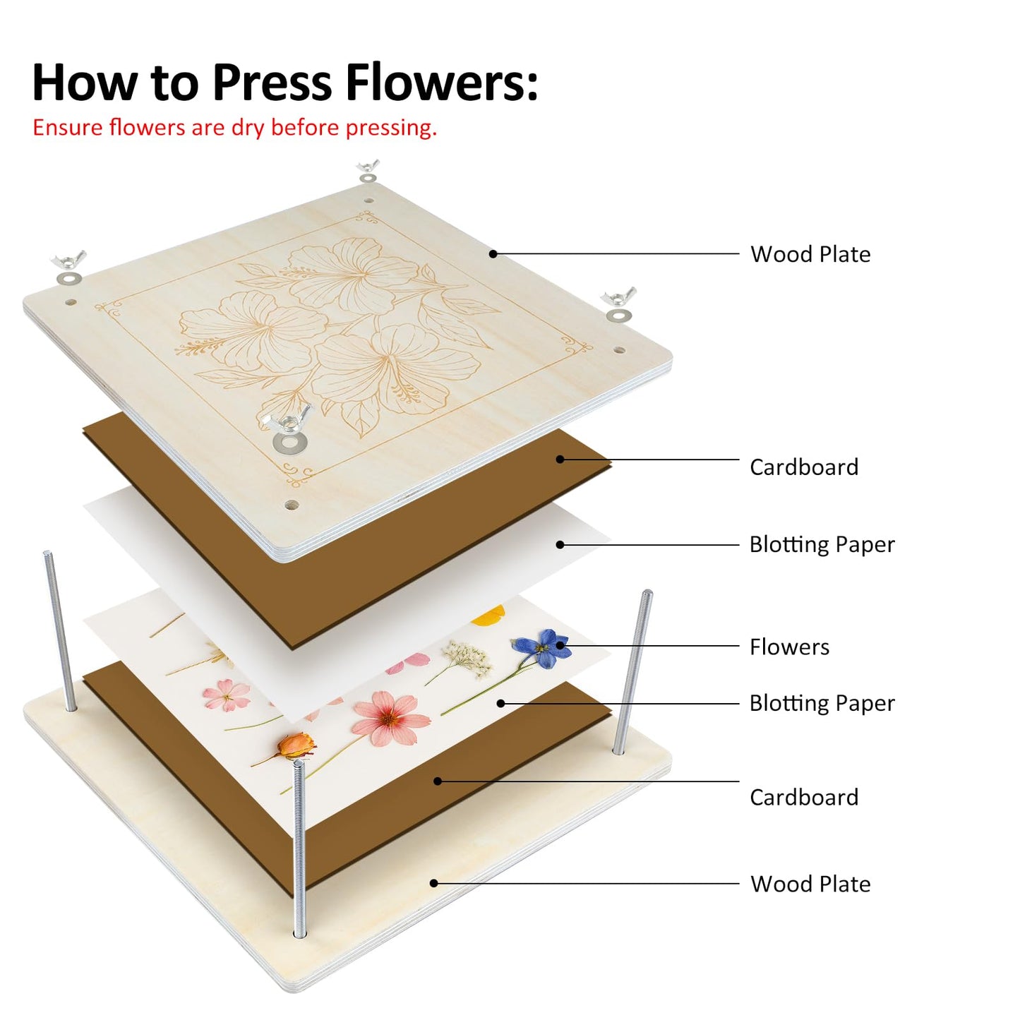MeRGBWLife Flower Press - 11"x11" Wooden 10 Layer Flower Press Kit for Crafts Pressed Flowers & Plant Press, Scrapbooking, Bookmark Making, Wedding Bouquet Preservation, Dried Flowers