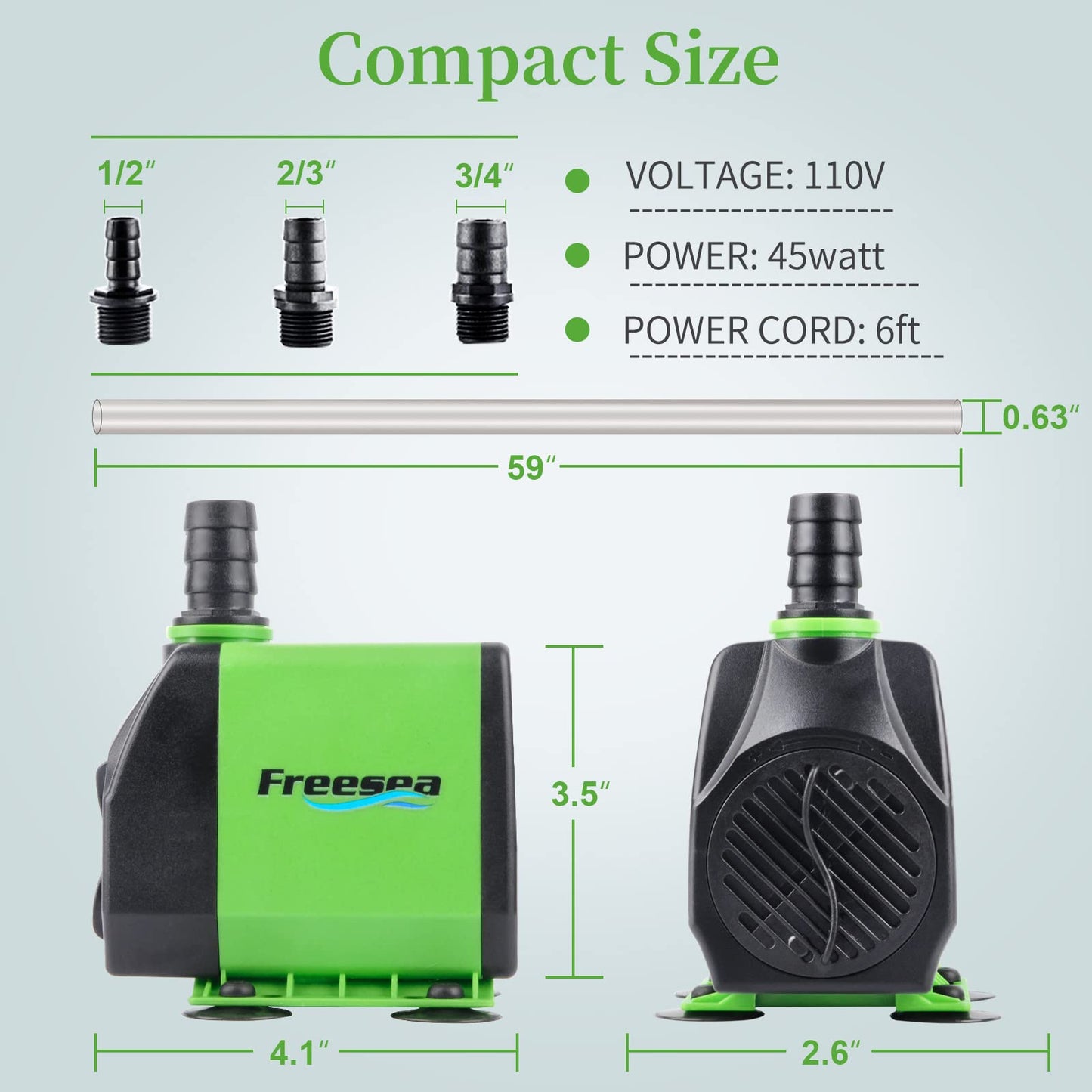 FREESEA Fountain Submersible Water Pump: 800GPH 45W Adjustable Small Pond Pump with 5ft Tubing Hose and 3 Nozzles 10ft High Lift for Outdoor | Hydroponics | Waterfall | Aquarium | Fish tank