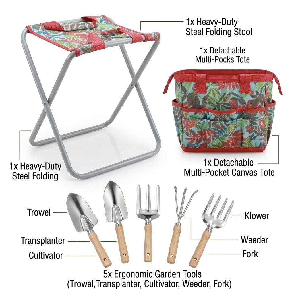 Bo-Toys 7-piece Garden Tool Set with Tote and Folding Stool Seat