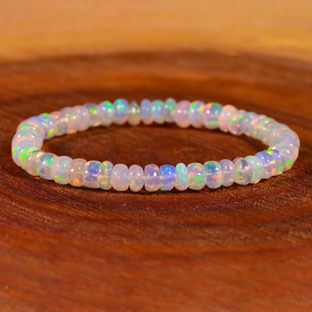 GEMS OF BAY Natural Ethiopian Opal Bracelet, Stretchable Bracelet, Welo Fire, Smooth Bracelet, Jewelry, Beads Bracelet, (7 inch)