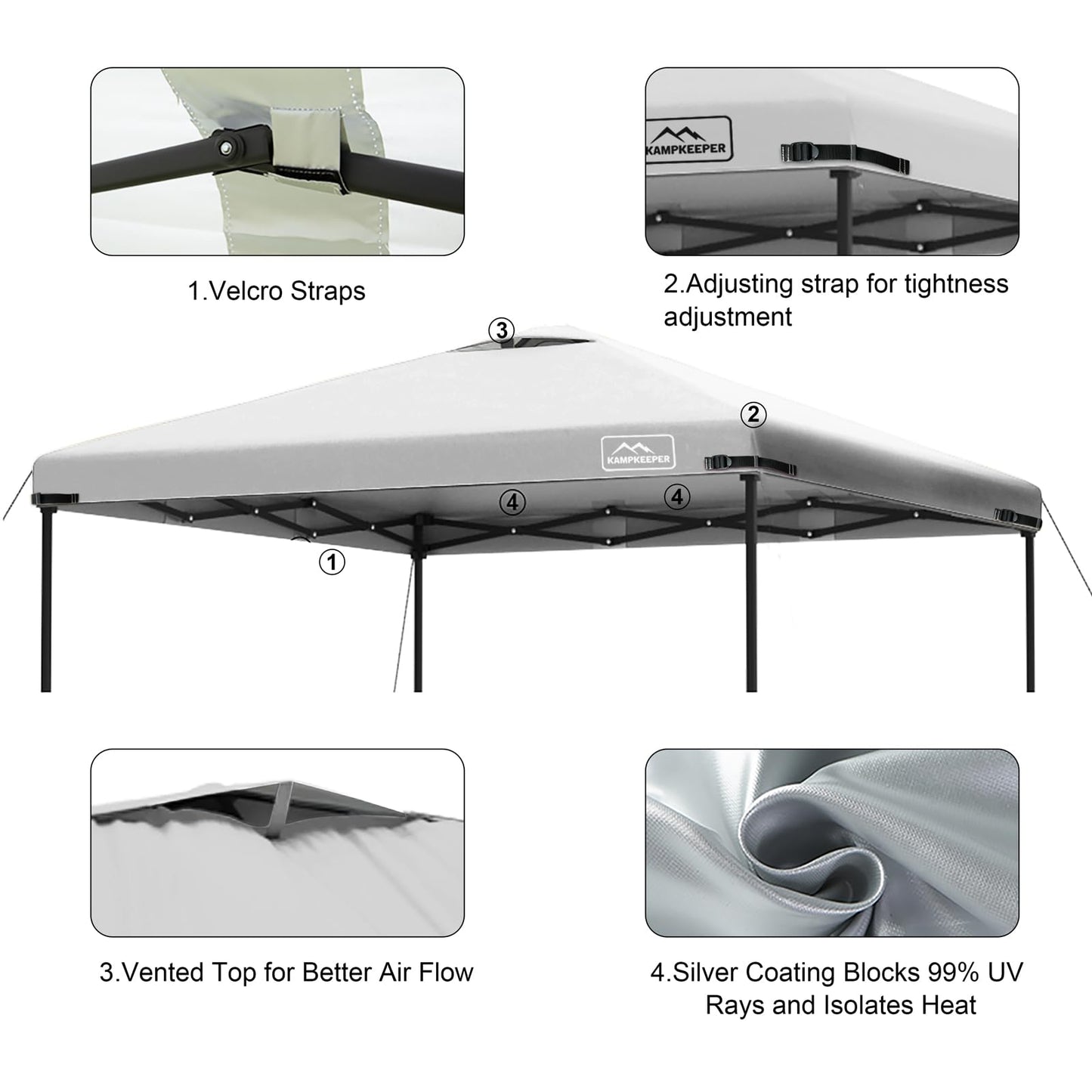 KAMPKEEPER Replacement Top Pop Up Canopy Tent Cover Roof with Air Vent and Adjustable Elastic Strap, Polyester UV Waterproof for Outdoor Garden Patio Sun Shade(Top Only) (Light Gray, 10x10FT)