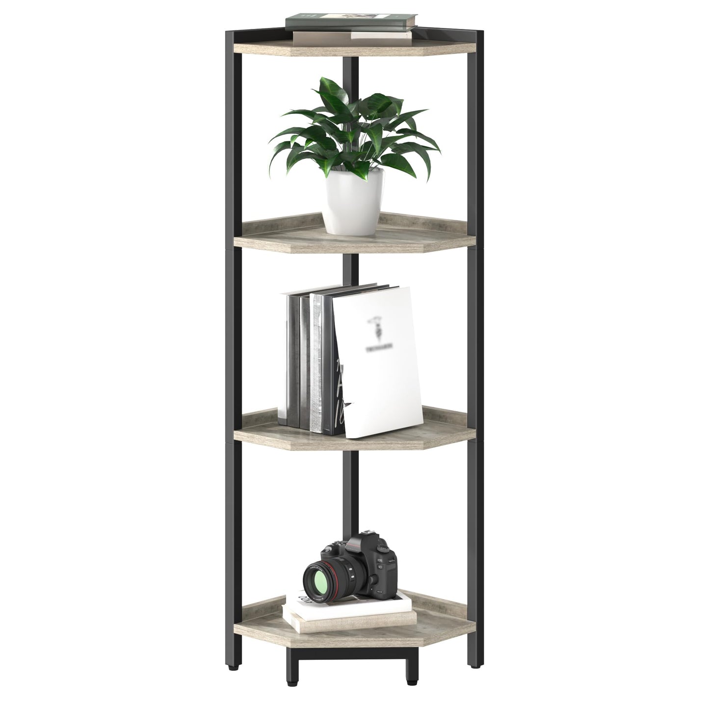 Hzuaneri Corner Shelf Stand, Corner Bookshelf, Storage Standing Shelf Unit with Metal Frame, Plant Stand, Bookcase for Living Room, Home Office, Bedroom, 4-Tier Greige CS05805B