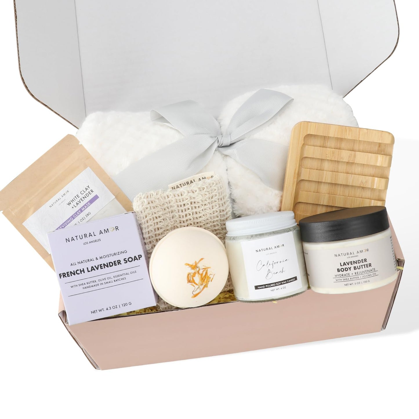 Natural Amor 8-Piece Spa Gift Set with Blanket – Self-Care Box with Lavender Body Butter, Soap, Candle – Blanket with Grey Ribbon Gift for Women, Birthday, Holiday