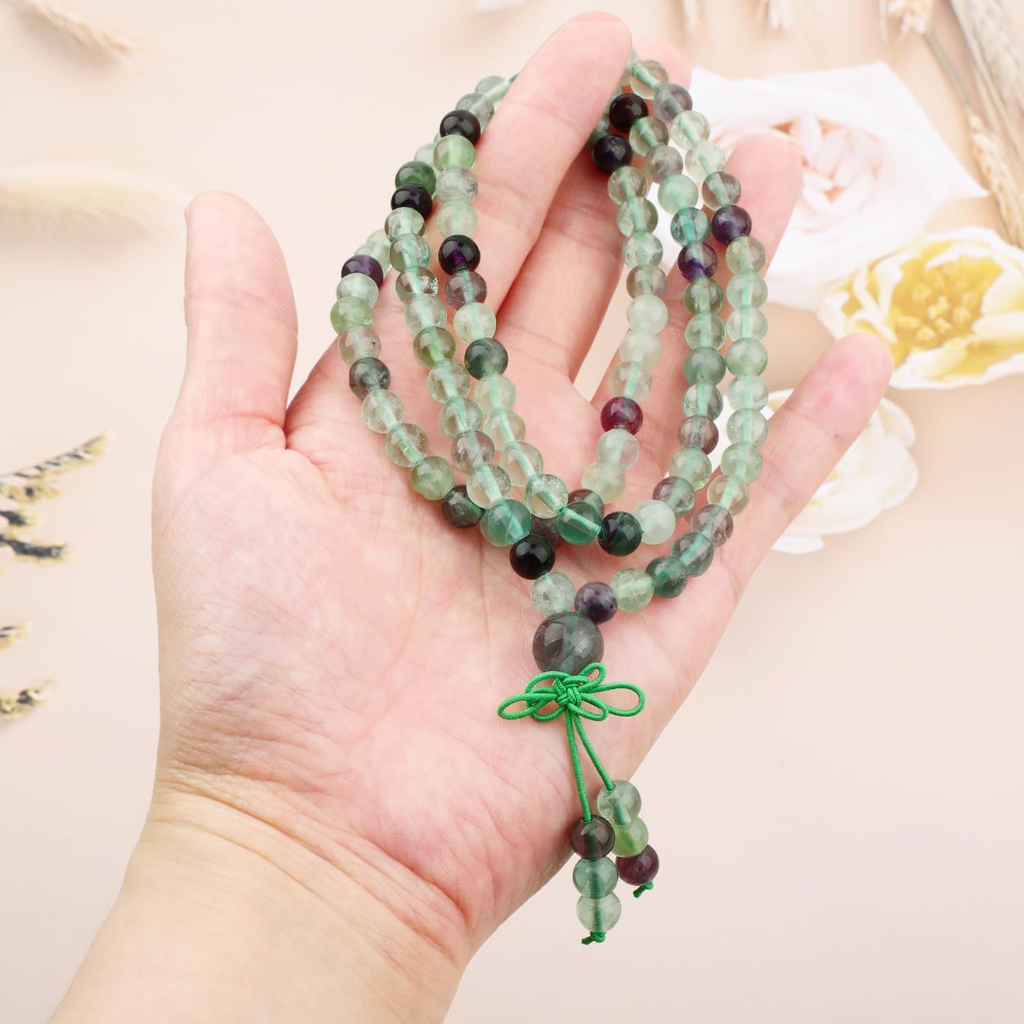 AD Beads 6mm 108 Prayer Mala Fluorite Elastic Bracelet - Wisdom and Creativity - Handmade Yoga Meditation Healing Power Energy Gifts for Unisex Adult.