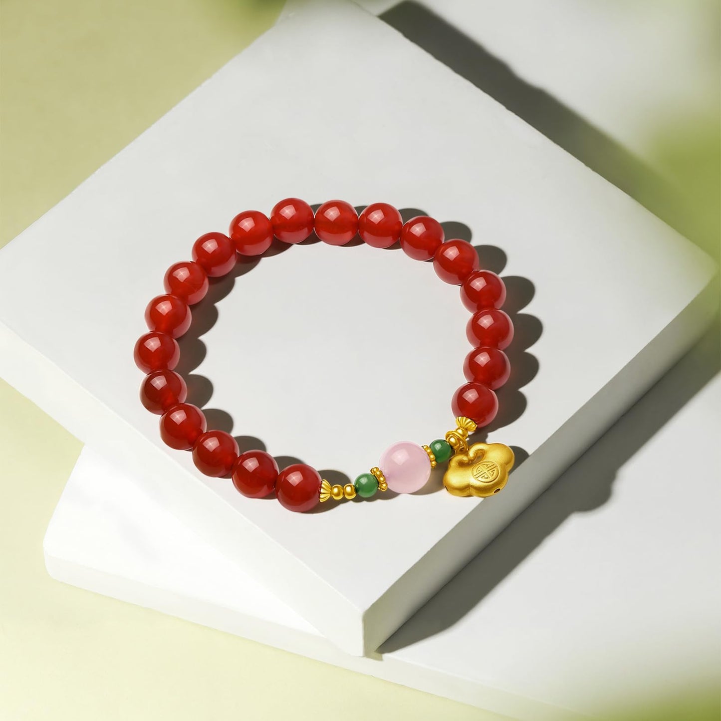 ZHOU LIU FU Agate Bracelet Beaded Stretch Bracelets with Good Lock Charm Silver Natural Gemstone Healing Bracelet Red Agate & Pink Agate Accessory for Women