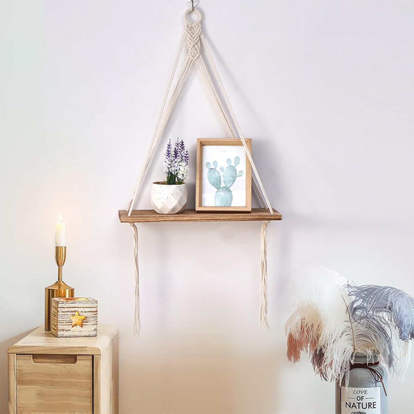 DD-life 2 Pcs Macrame Rope Triangle Shelf Wooden Wall Hanging Shelves Macrame Hanging Shelf Farmhouse Rustic Modern Plant Aesthetic for Room Nursery Bathroom Living Room College Dorm Room