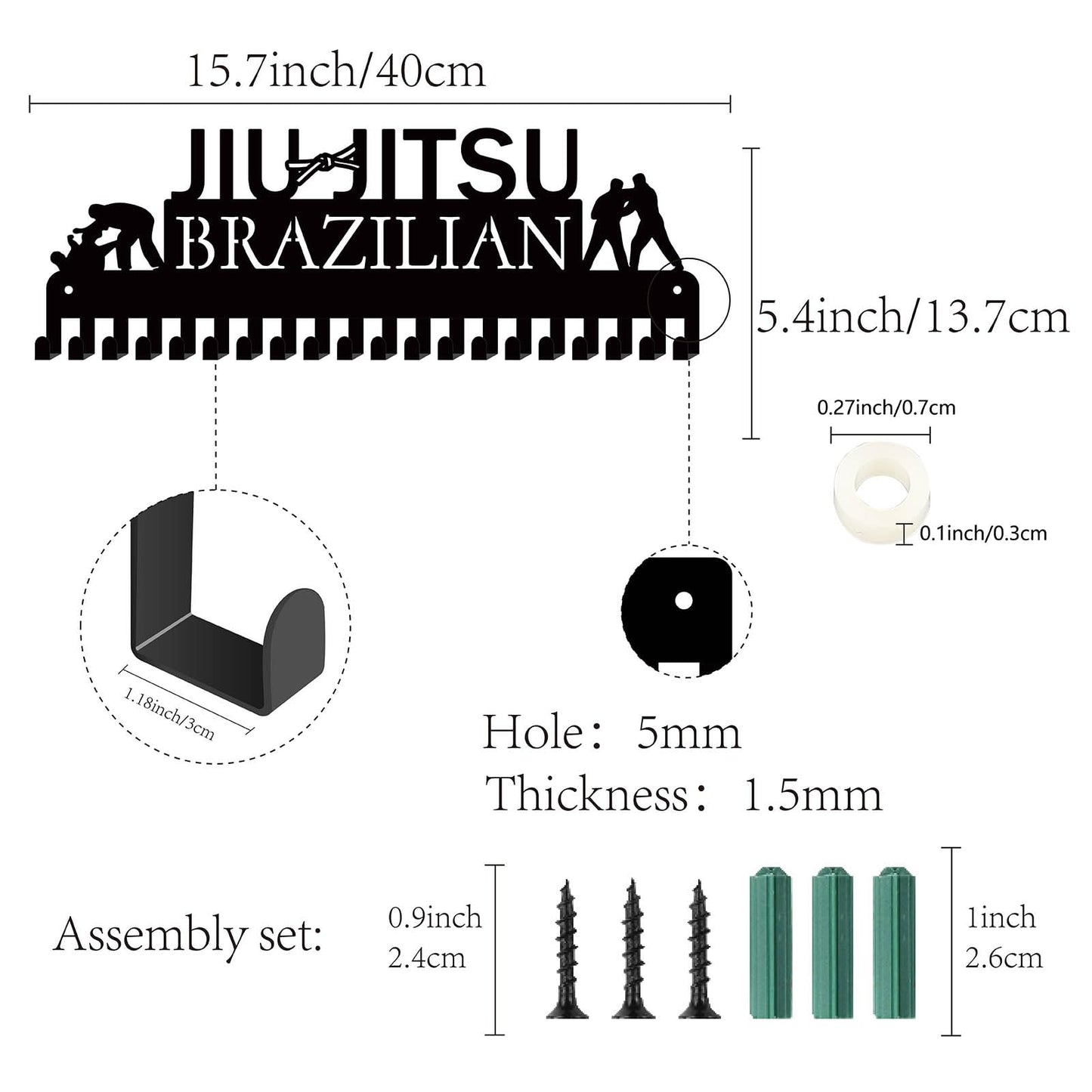CREATCABIN Jiu Jitsu Brazilian Medal Holder Competition Medal Hanger Display Rack Sports Metal Hanging Athlete Awards Iron Wall Mount Decor with 20 Hooks for Race Medalist Ribbon Black 15.7x5.4in