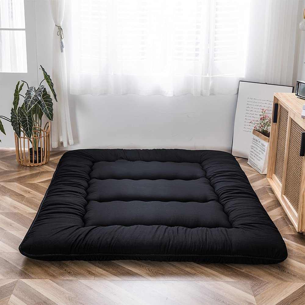 MAXYOYO Japanese Floor Mattress Futon Mattress, 4" Thicken Tatami Mat Sleeping Pad Foldable Roll Up Mat Boys Girls Dormitory Pad Kids Floor Lounger, Black, Full
