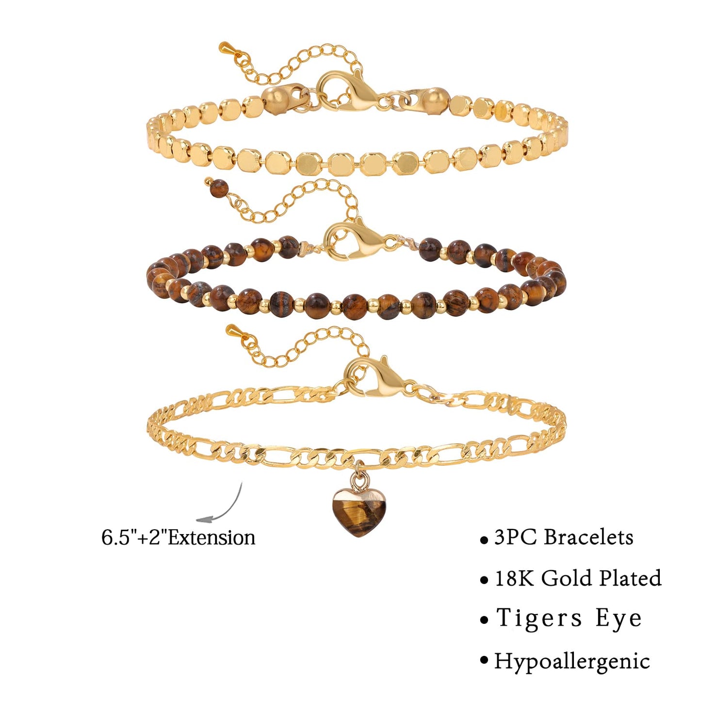 Raicegs Tigers Eye Bracelets Set Stone Bracelet for Women Layered Crystal 3mm Beads Bracelet Adjustable Bracelet for Women Dainty Bracelet
