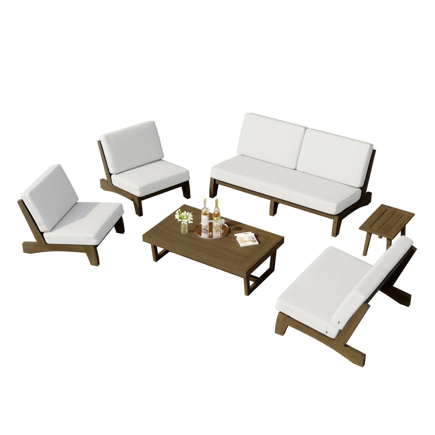 Pia Ricoo 6-Piece Patio Furniture Set, Outdoor Wood Sofa with Loveseat, 2 Chairs, Coffee Table & Side Table, All-Weather Conversation Set for Backyard/Deck/Lawn - Beige