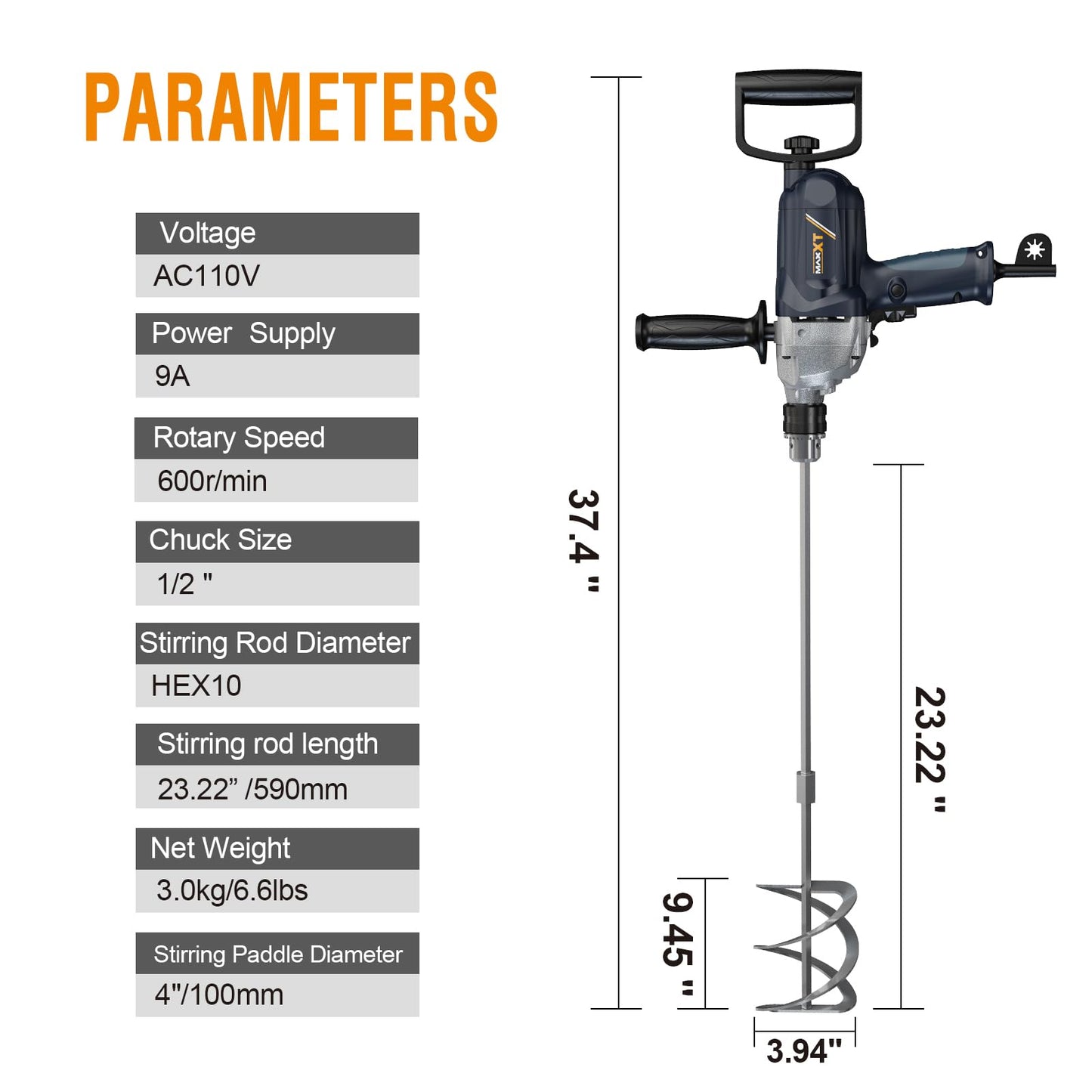 MAXXT Concrete Mixer,9A Handheld Cement Mixer,Drill Mixer with Spade Handle for Drilling and Mixing, Variable Speeds Mud Mixer for Mixing Cement, Motar,Mud, Paint, Fodder