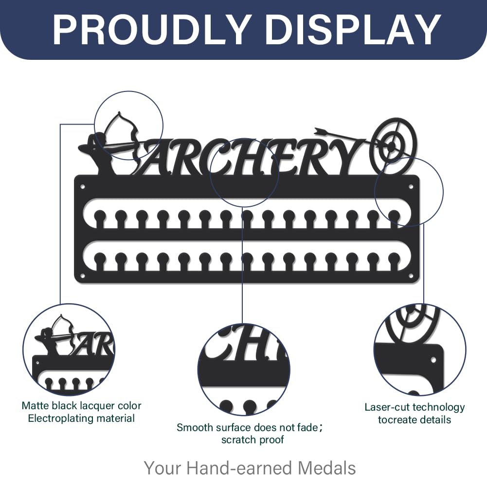 SUPERDANT Archery Medal Hanger Display Sports Medal Holder Wall Mount Archery Medals Hanging 30 Hooks Matte Black Metal Display Rack Iron Race Ribbon Award Organizer Gifts for Athletes 15.7x7.9in