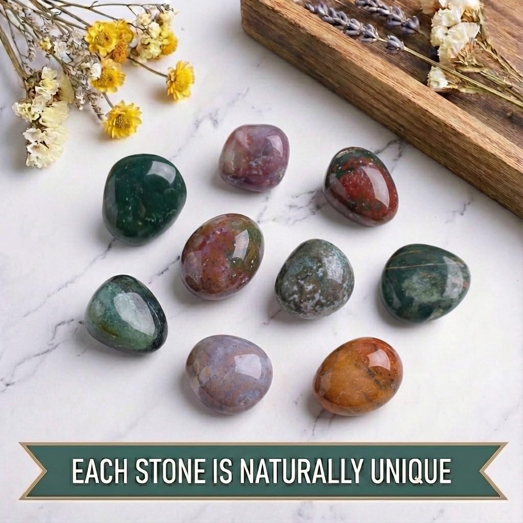 Super Large Polished Ocean Jasper Healing Crystal Stone – 1 Pc 1.2" Worry Stone for Anxiety, Pocket Palm Gemstone, Handpicked Natural Tumbled Rock for Meditation, Reiki, Chakra, Home Decor