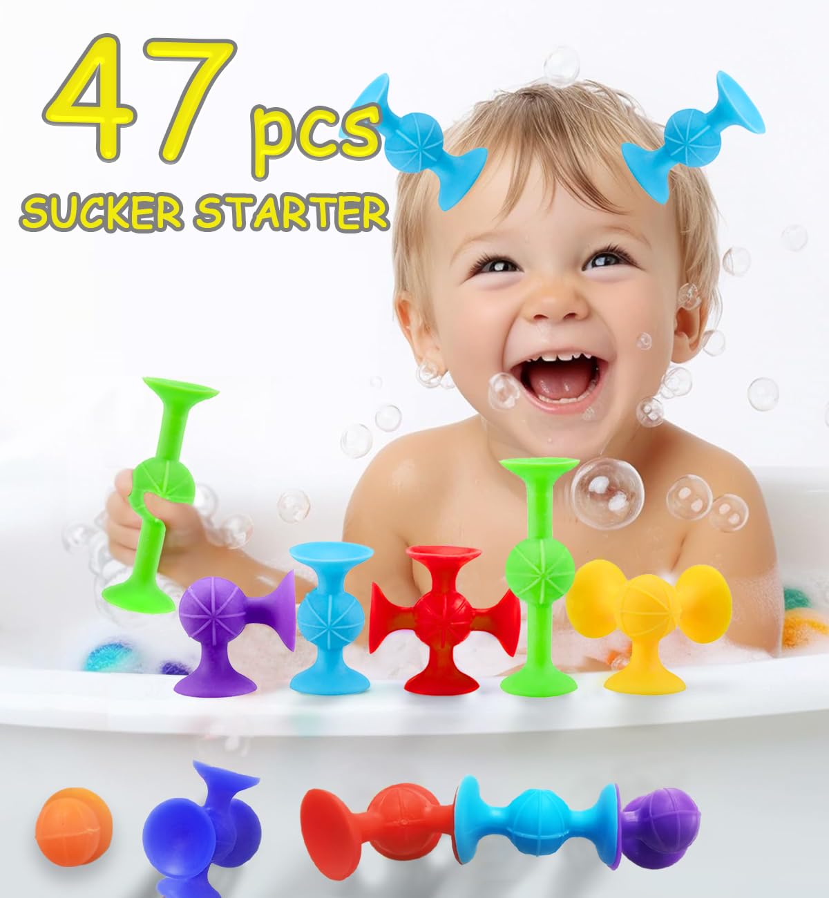 Suction Bath Toys for Baby, 47 Piece Starter Set Suction Cup Toys Stocking Stuffers Pop Darts Preschool Sensory Fidget Toys for Toddlers 1-3 4-8 | No Hole Bath Toy | BPA Free (Large)