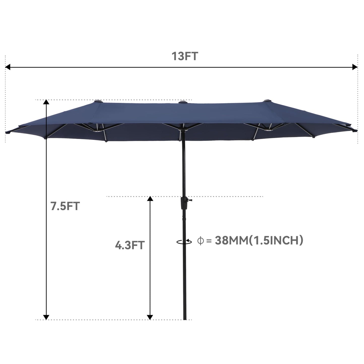 GREEN PARTY 13ft Rectangle Patio Umbrella, Double Sided Outdoor Table Umbrella with Crank & 1.5" Pole, Large Market Umbrella for Poolside Garden Deck Backyard, Navy Blue