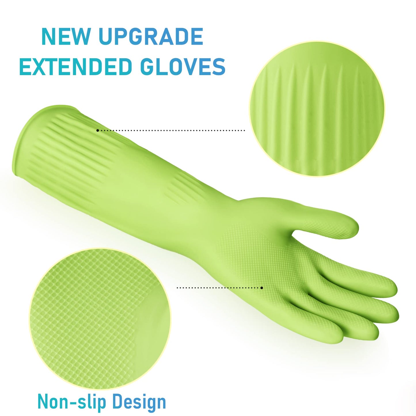 Disfore Rubber-Gloves Dishwashing Gloves for Cleaning-Kitchen - 2 Pairs of Durable and Reusable Kitchen Glove，Long Sleeve Waterproof Household Cleaning Gloves for Washing Dishes (Medium Green)