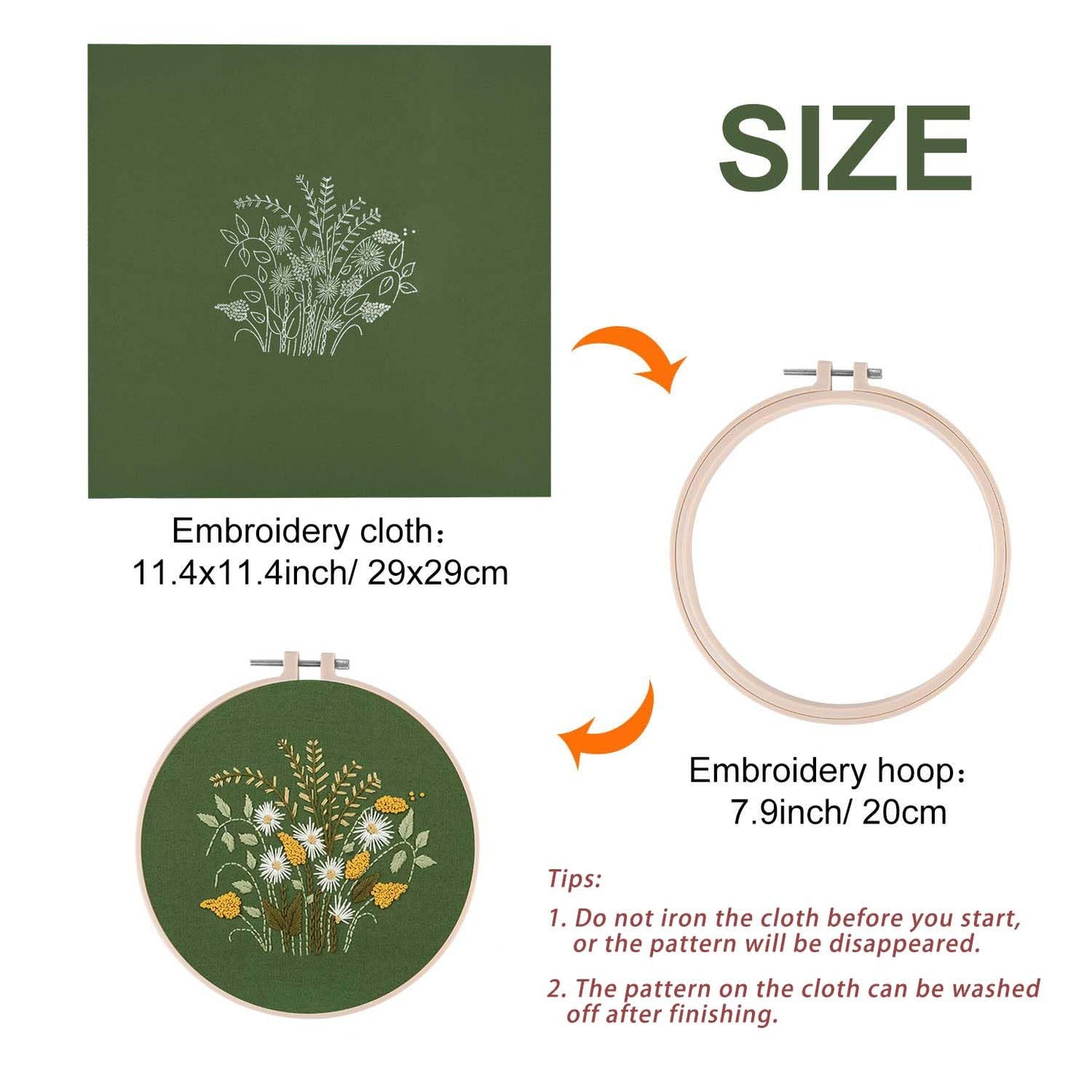 FEPITO 2 Sets Full Range Embroidery Starter Kit with Pattern and Instructions Cross Stitch Kit Includes 2 Pcs Embroidery Clothes with Floral Pattern, 1 Pcs Plastic Embroidery Hoops, 1 Pcs Scissor