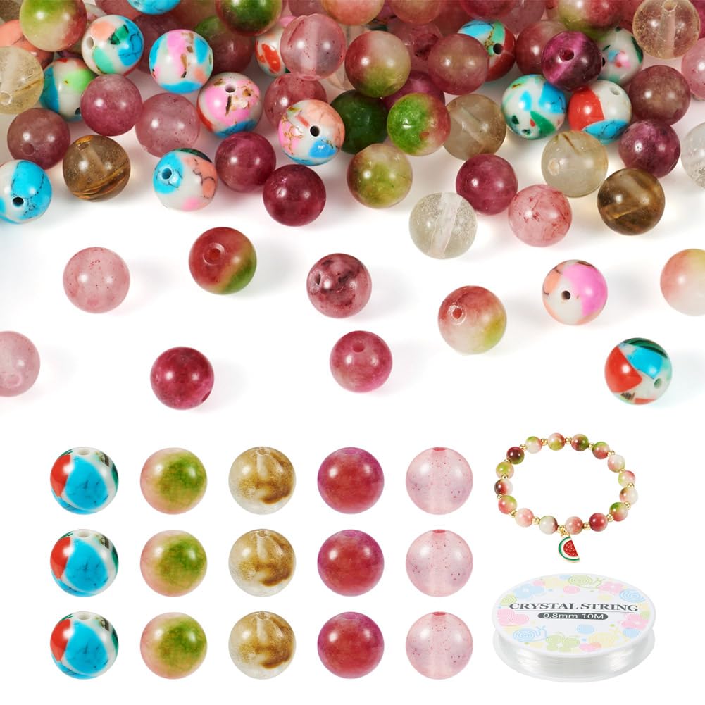 FASHEWELRY 100pcs 8mm Mixed Stone Beads Round Stone Jewelry Making Kit with Elastic String Healing Crystals for DIY Bracelet Necklace Earrings
