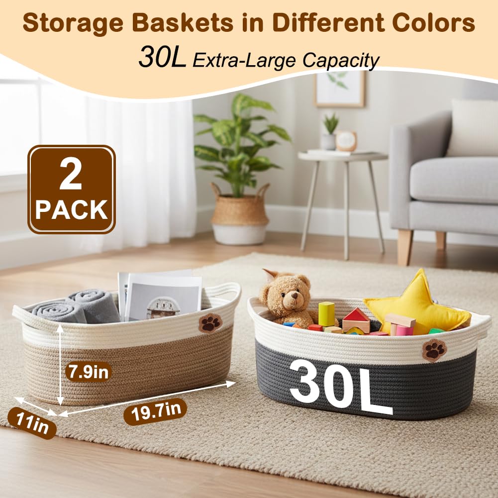 SZEE 2 Pack 30L Large Dog Toy Basket, Nursery Blanket Storage Basket for organizing, Woven Blanket Storage for Living Room, Laundry Basket with Triple-Reinforced Handles, 19.7"×11"×7.9", Brown+Gray