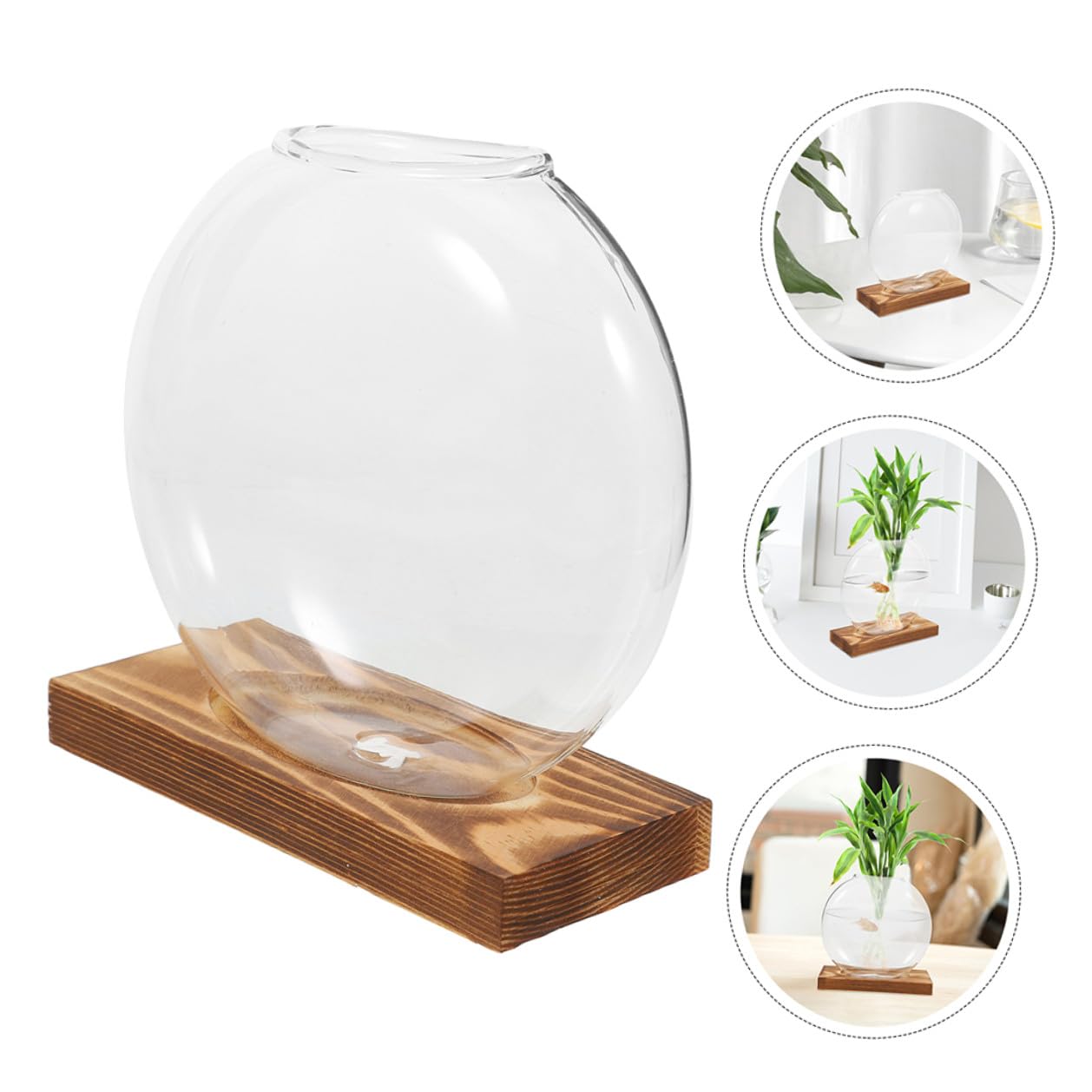 Sewroro 2pcs Hydroponic Glass Vases with Wooden Base, Propagation Stations for Indoor Plants, Terrarium Containers for Home Office Décor