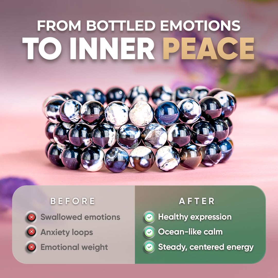 Conscious Items Exotic Orca Agate Bracelet of Deep Healing, Gray Blue White Agate Stress Bracelet for Calm, Inner Peace, & Confidence, Rare Madagascar Healing Stone Bracelets for Women & Men