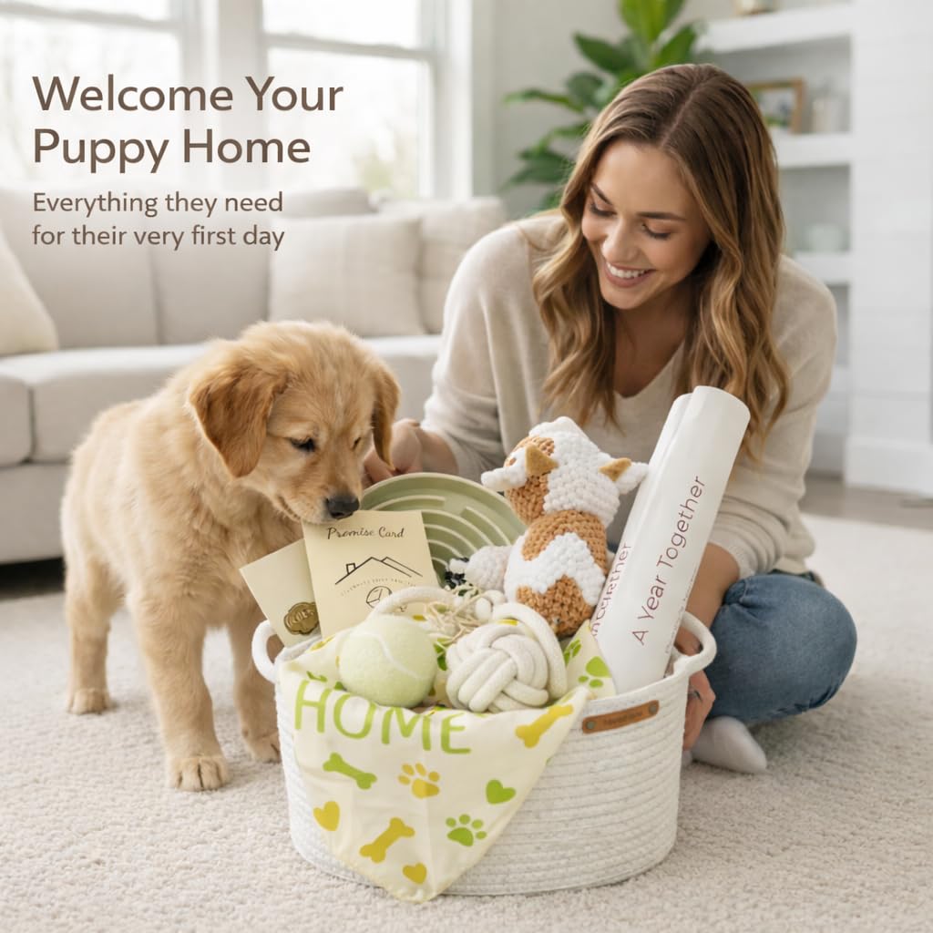 Nopikku Puppy Welcome Home Gift Box – New Puppy Gift Basket with Toys, Slow Feeder & Milestone Card, Perfect Puppy Starter Kit for New Dog Owners