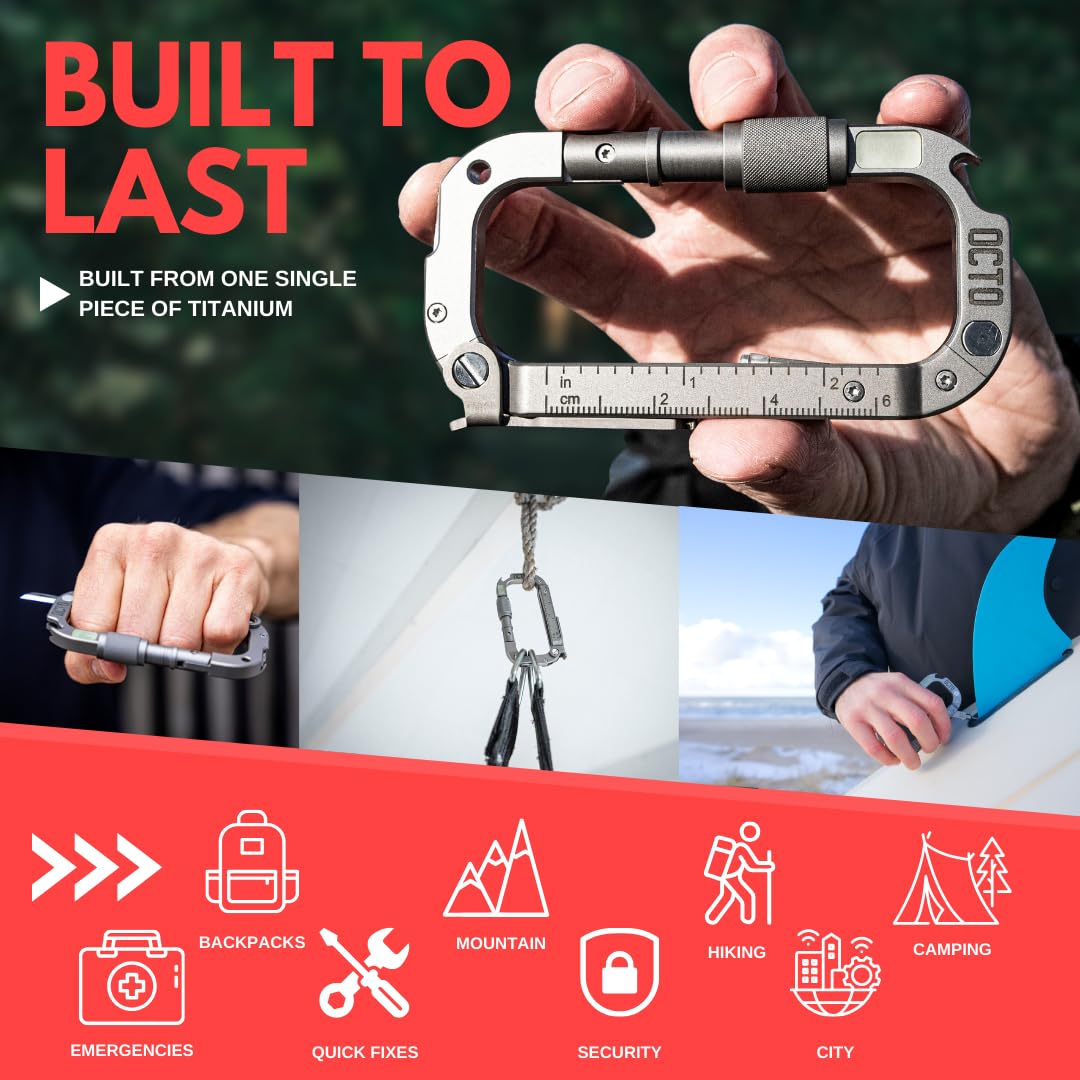 OCTO MAX 20-in-1 Titanium Carabiner Multi-Tool | Heavy-Duty EDC with Steel Knife, Glass Breaker, Bottle Opener, Wrenches, Screwdrivers & More