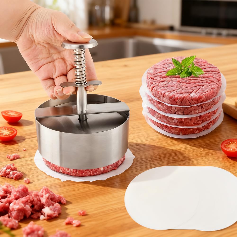 Quivorant 4.5" Burger Maker Press with 50 Patty Papers, 304 Stainless Steel Adjustable Non-Stick Hamburger Patty Maker, for Kitchen BBQ & Sandwich, Beef, Vegetables, Meat, Party Grill, Easy Release