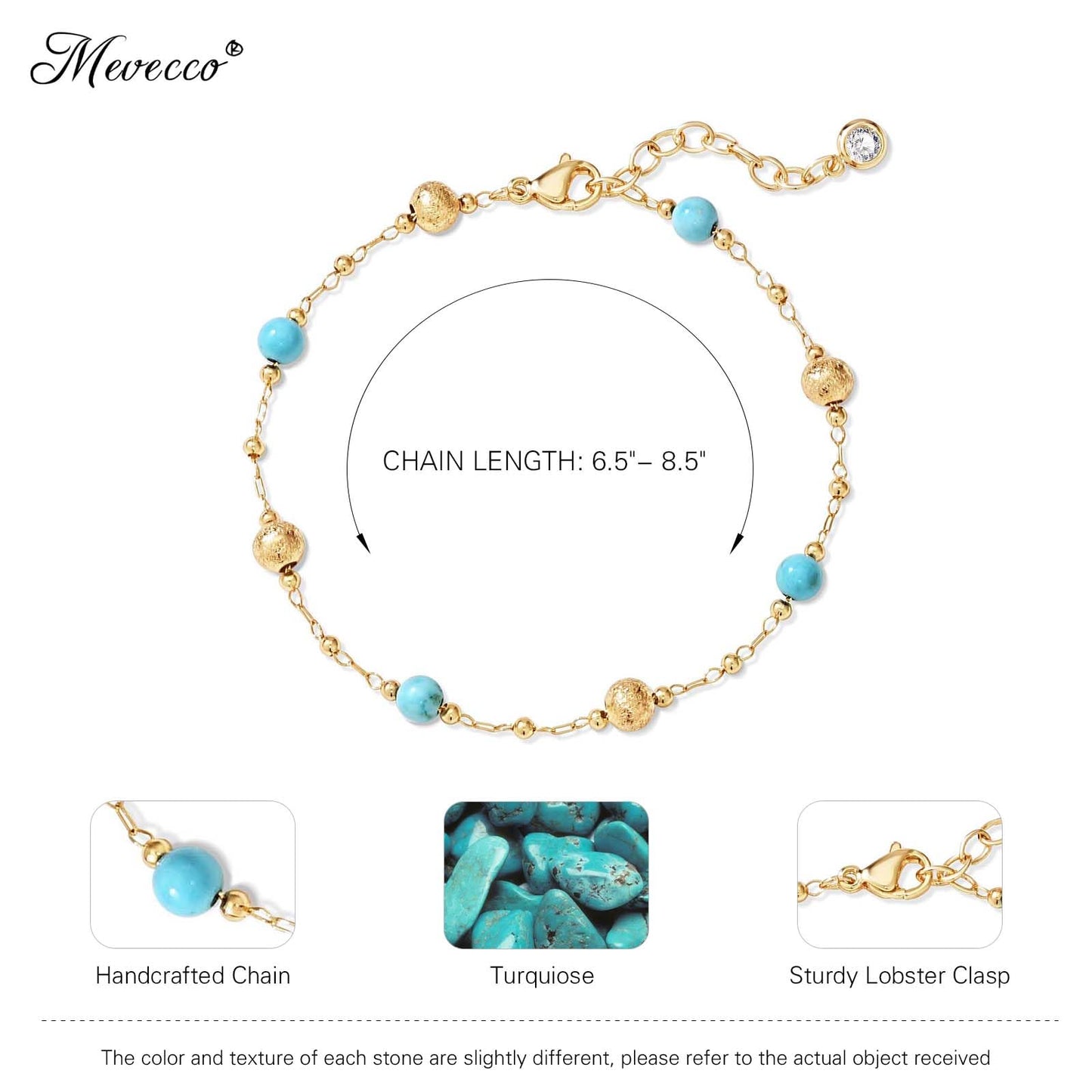 MEVECCO Gold Bracelet for Women 18K Gold Plated Turquiose Beads Custom Handmade Mixed Beaded Charm Chain Stone Bracelet Jewelry Gifts
