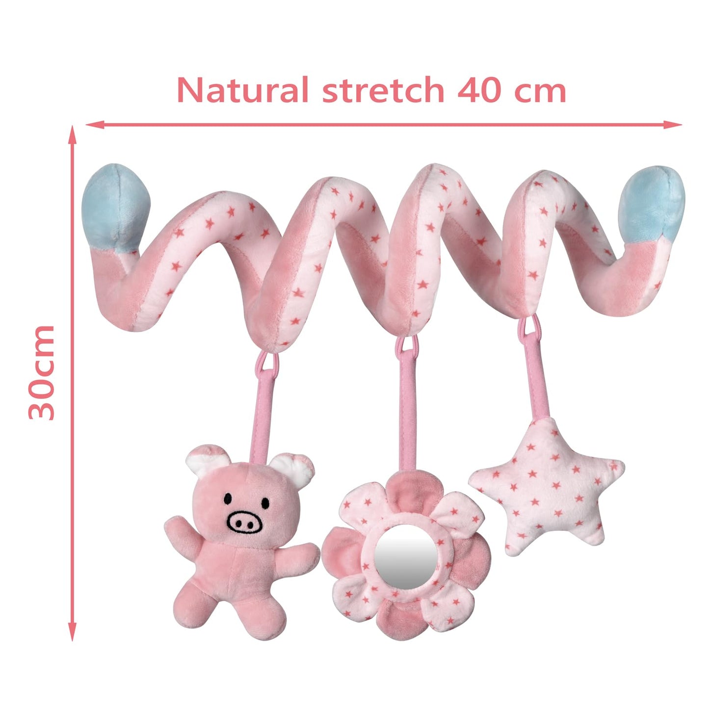 SAMMAS Car Seat Toys, Infant Baby Pink Pig Spiral Activity Hanging Toys Stroller Toys for Car Seat Stroller Bar Crib Bassinet Mobile with Mirror BB Squeaker and Rattles