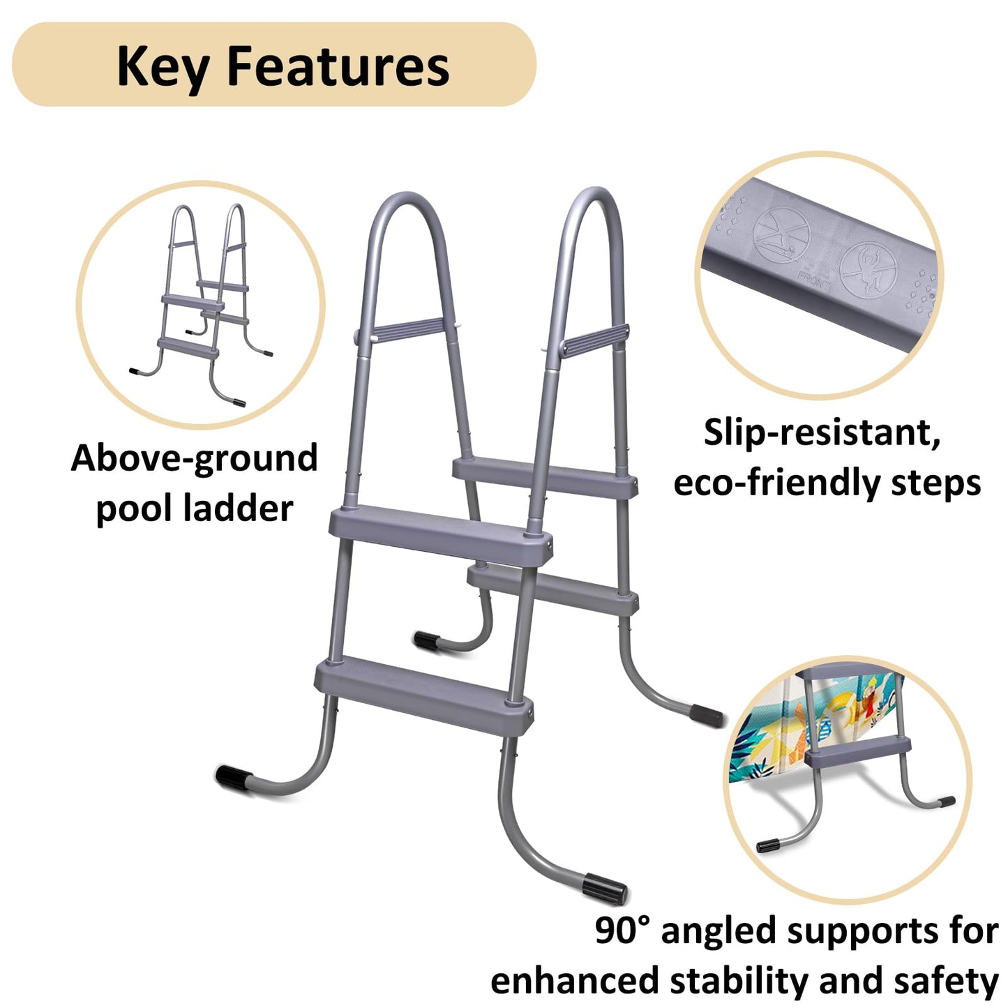 3-Step Steel Bolt-On Pool Ladder Universal Fit Above Ground Swimming Pools - Heavy Duty Non-Slip Entry Steps for Entry and Exit System Swim Pools with Non-Slip Plastic Steps