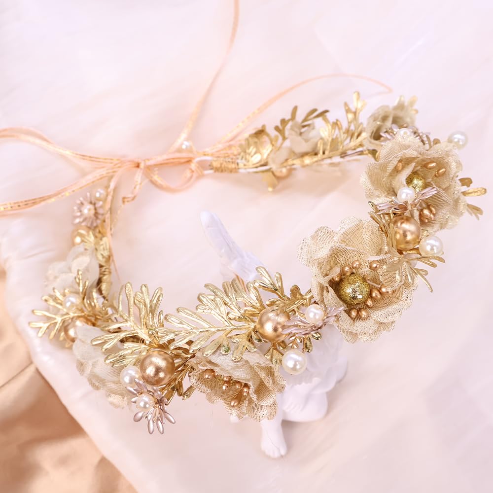 yuruyi Adjustable Flower Crown Headband for Women - Floral Garland Hair Wreath with Crystal Accents Perfect for Weddings Flower Wands Photo Props (Gold Flower Pearl, Adjustable)