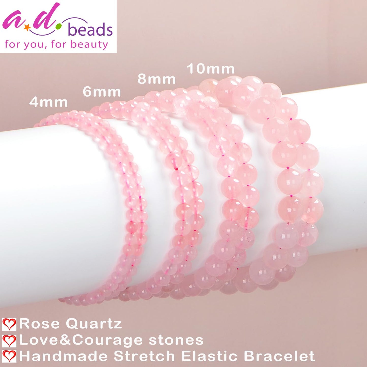 AD Beads Handmade Gemstone Stretch Elastic Bracelet Crystal Healing Reiki Nature's Beauty and Spiritual Essence Unisex (8mm, Rose Quartz)