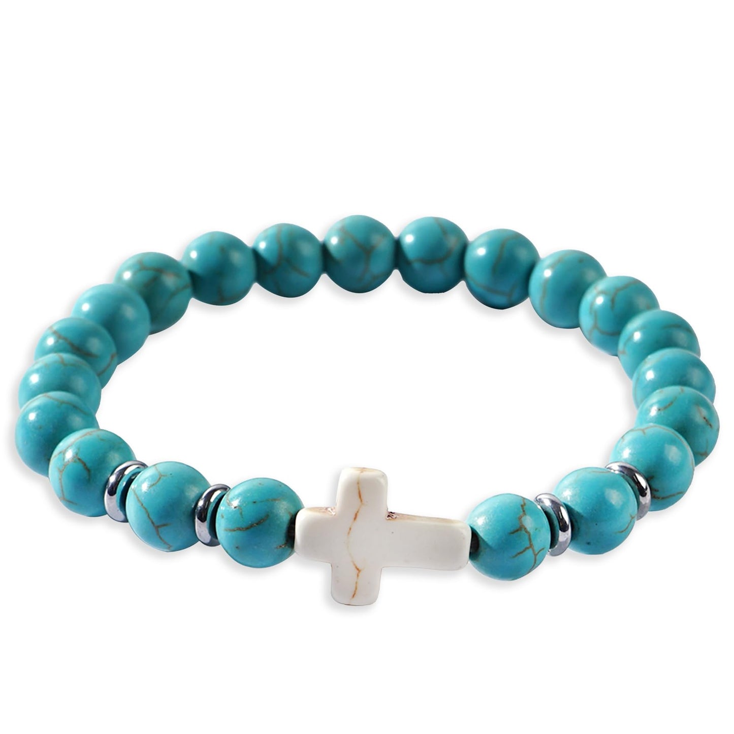 Frigotine Cross Created Turquoise Beads Stretch Protection Bracelet for Man Woman, Handmade Healing Stone Chakra Beads Elastic Bracelets Religious Accessories Fashion Jewelry Fathers Gift