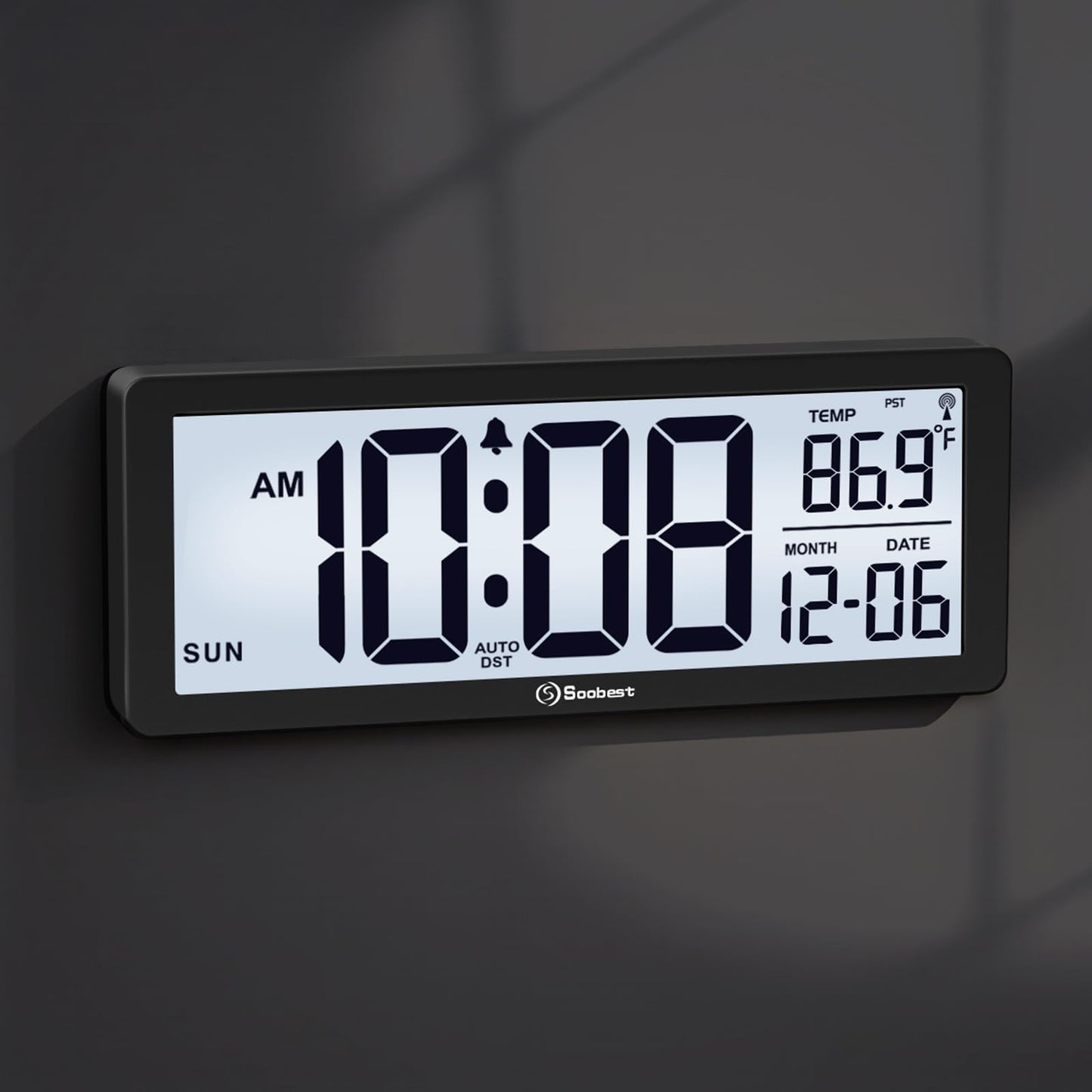 Soobest 8.5" Atomic Digital Wall Clock, Never Needs Setting, Auto Time Sync, Accurate & Easy to Use Clock with Backlight, Battery Operated, Temperature, Date, Auto DST, 4 Time Zones