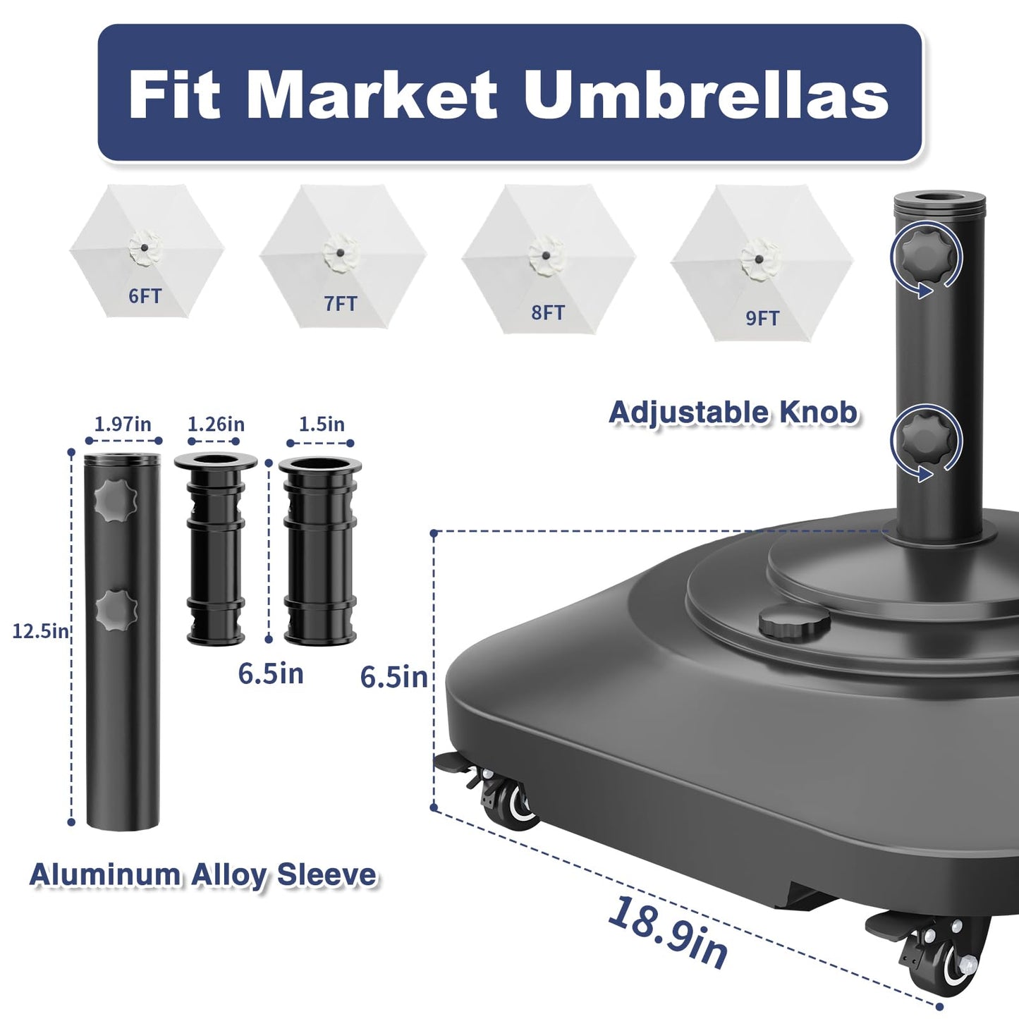 PGGP Patio Umbrella Base Heavy Duty with Wheels, Max 100lb Fillable Umbrella Stand Mobile Square Market Stand, Windproof Outdoor Umbrella Holder for Deck, Poolside, Lawn, Fits Muti Sized Umbrellas
