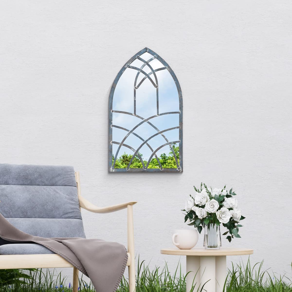 MirrorOutlet Large Metal Rustic Arched Shaped Window Garden Outdoor Mirror 40cm X 24cm, Silver, GM081