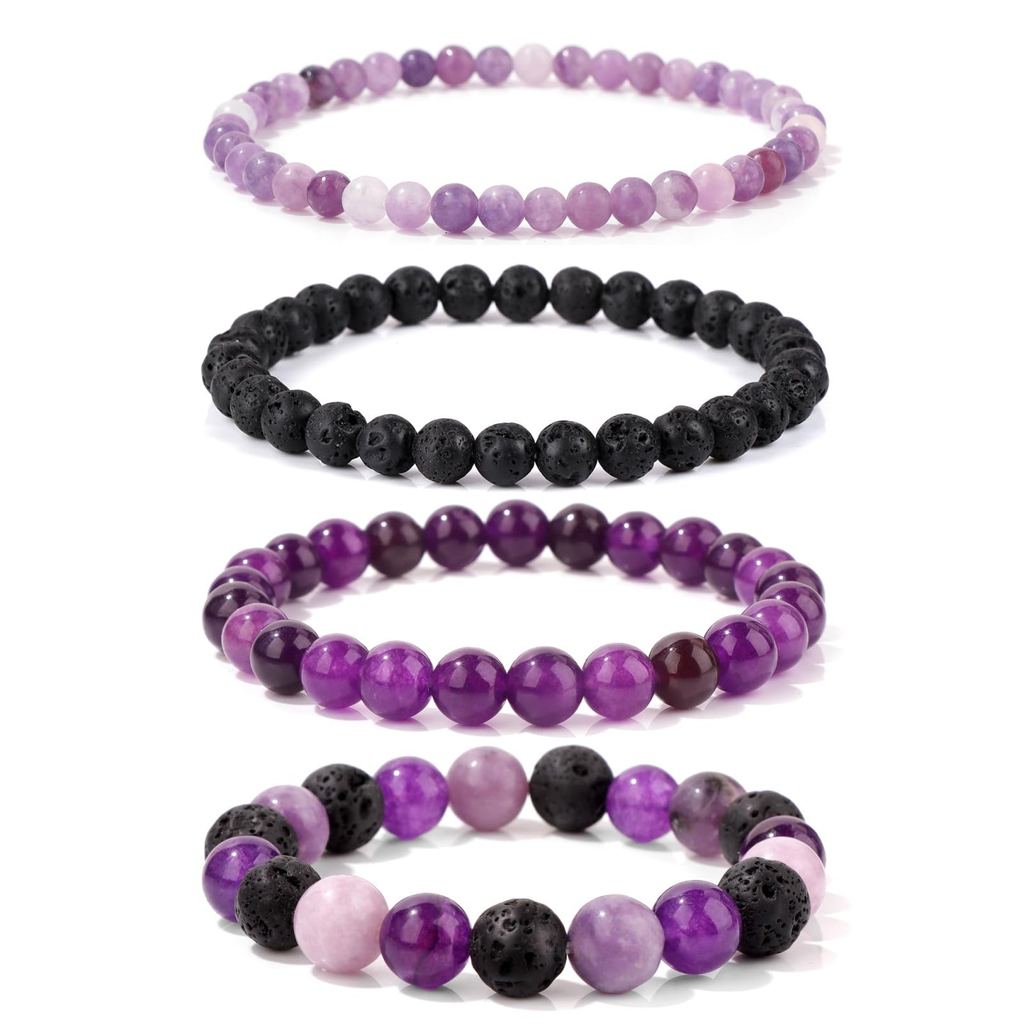 Vinswet 4pcs Natural Stone Beaded Bracelets for Women Men,Healing Crystal Gemstones Stretch purple Bracelet,4mm 6mm 8mm 10mm Amethyst Lava Rock Lepidolite Anxiety Stress Relief Bracelet Jewelry Gifts