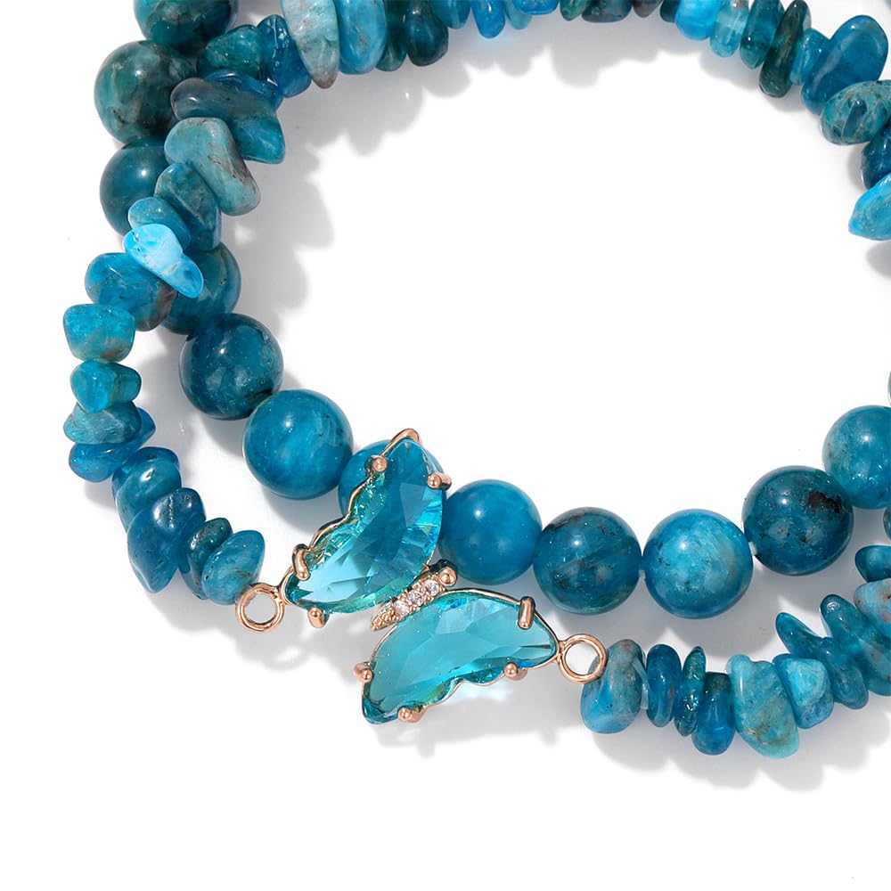 GolbalJew Apatite Stone Bracelet for Women Healing Crystal Stones Bracelets Blue Gemstone Beads Stretch Bracelet Butterfly Charms Jewelry Women Gift