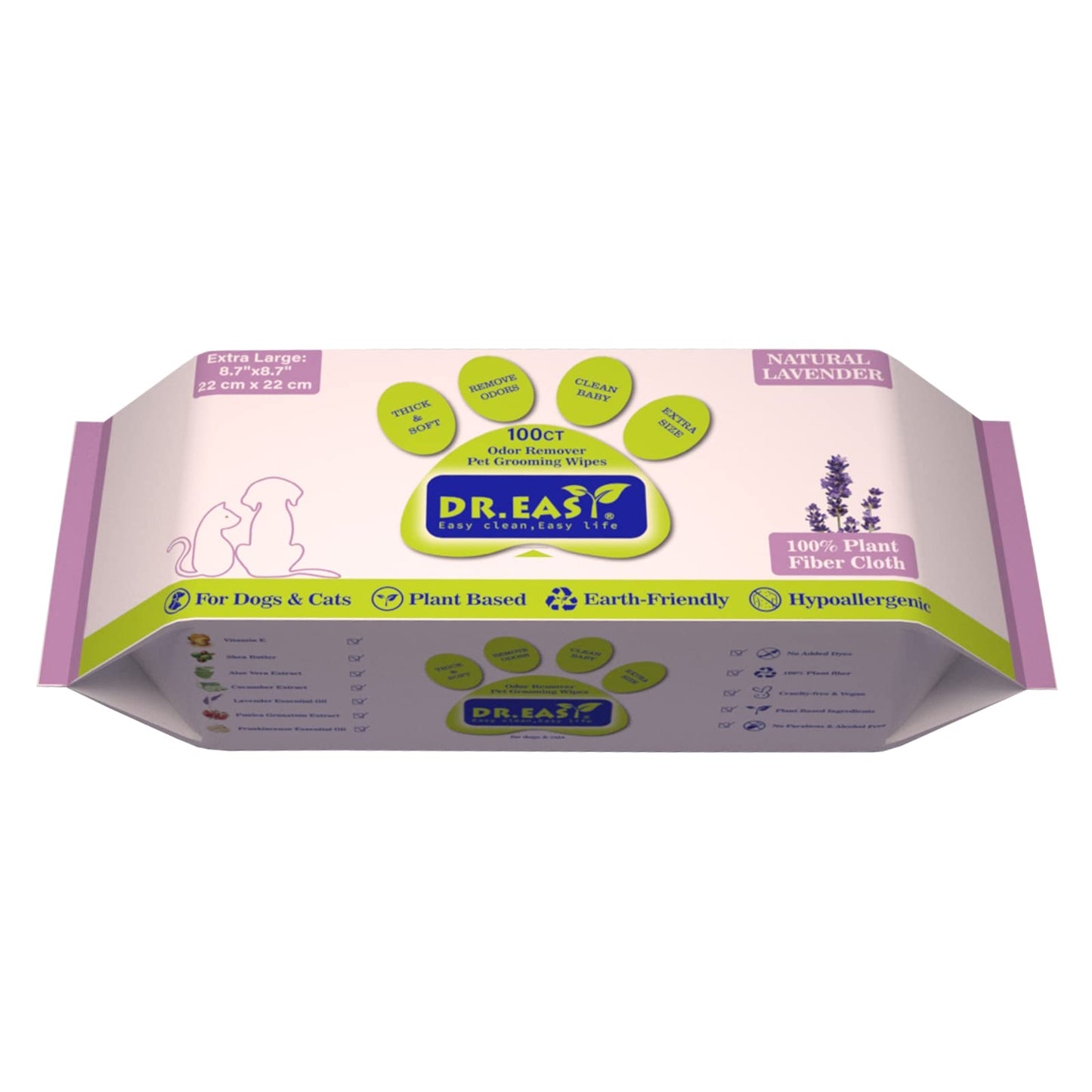 DR.EASY Odor Remover Pet Grooming Wipes 100Ct Lavender Plant Based Ingredients for Paws,Body,Nose &Bum Cleaning,Remove Dirt,Dander & Excess Hair with Soft and Thick Wipes,No Artificial Fragrance