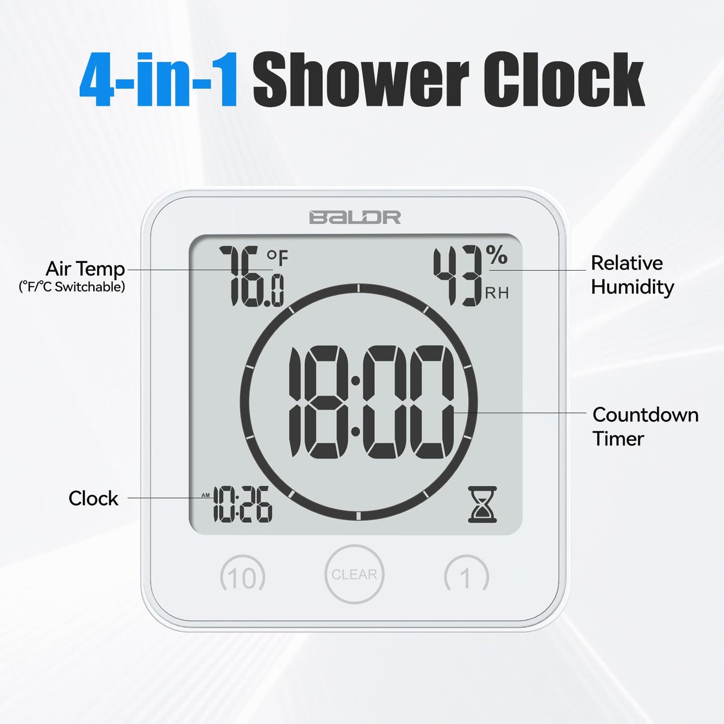 Baldr Shower Clock Waterproof Bathroom Clock with Timer/Temperature/Humidity, Digital Timers for Kids and Adults, Bath Kitchen Study, White