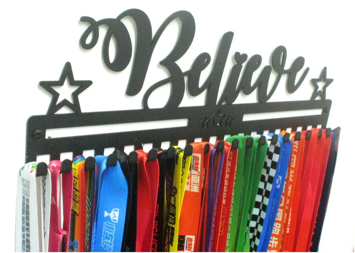 URBN BY MODERN HOME FINISHINGS 16" Metal Wall Mount 'Believe' Kids & Adults Sports Medal Hanger, Ribbon Display Holder Rack Medal Wall Hanger with Hooks, Simple Install, Great Gift (Black)