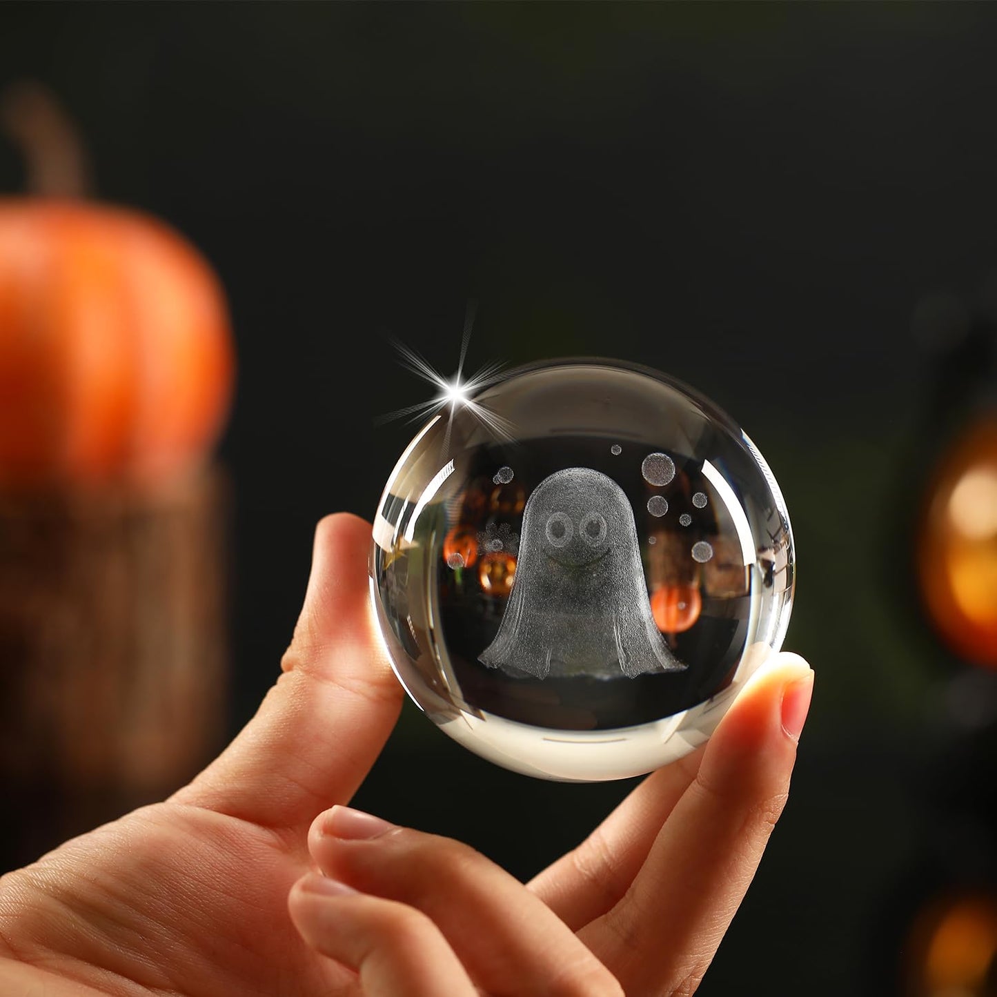 YummyCarrot 3D Ghost Crystal Ball Night Light,2.36inch Laser Engraved Led Light with Wooden Base, Gifting Box for Birthday Xmas Cool Figurines Gifts for Halloween Room Decor Boys Girls
