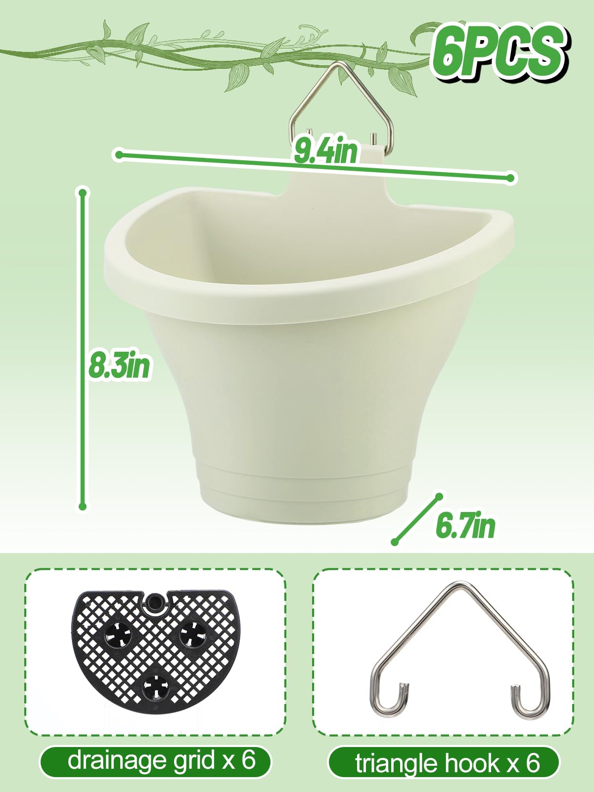 MADHOLLY 6Pcs Vertical Hanging Planters for Outdoor Plants - Wall Plant Holder for Indoor Decorations Garden Fence, Plastic Flower Pots with Drainage Grid and Hooks (White)