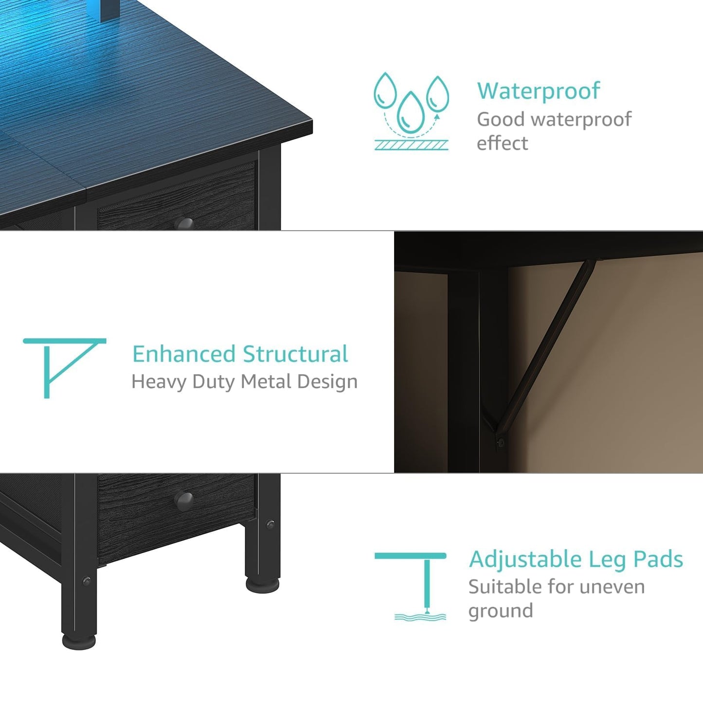 Lufeiya Black Gaming Desk with LED Lights and Power Outlets, 47 inch Computer Desk with Fabric Drawers and Storage Shelves, Home Office Desk with Monitor Stand, Black