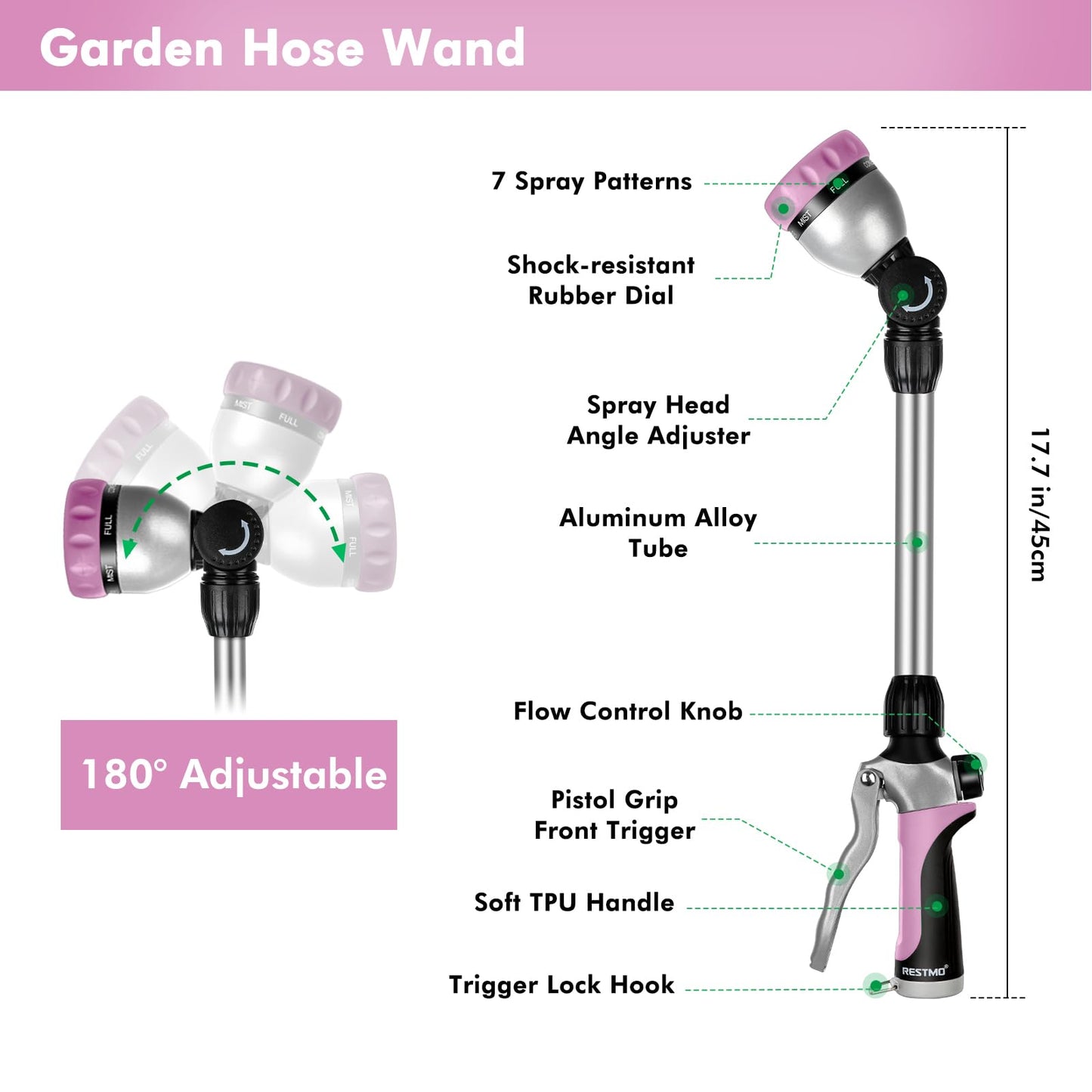 RESTMO Metal Watering Wand, Heavy Duty Garden Hose Wand with 180° Swivel Ratcheting Head, 16'' Hose Nozzle Sprayer with 7 Spray Patterns and Flow Control, for Water Hanging Baskets and Shrubs, Pink